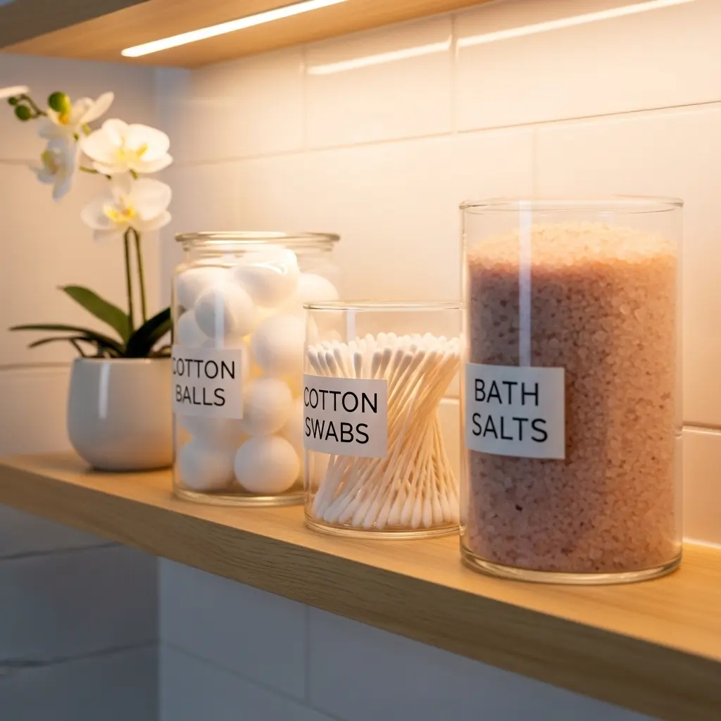 Bathroom shelf with labeled glass jars 