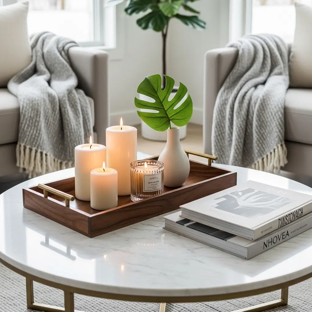 Coffee table with decorative tray,