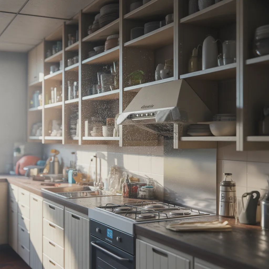 Kitchen interior painted in bright neon green and orange visually overwhelming space