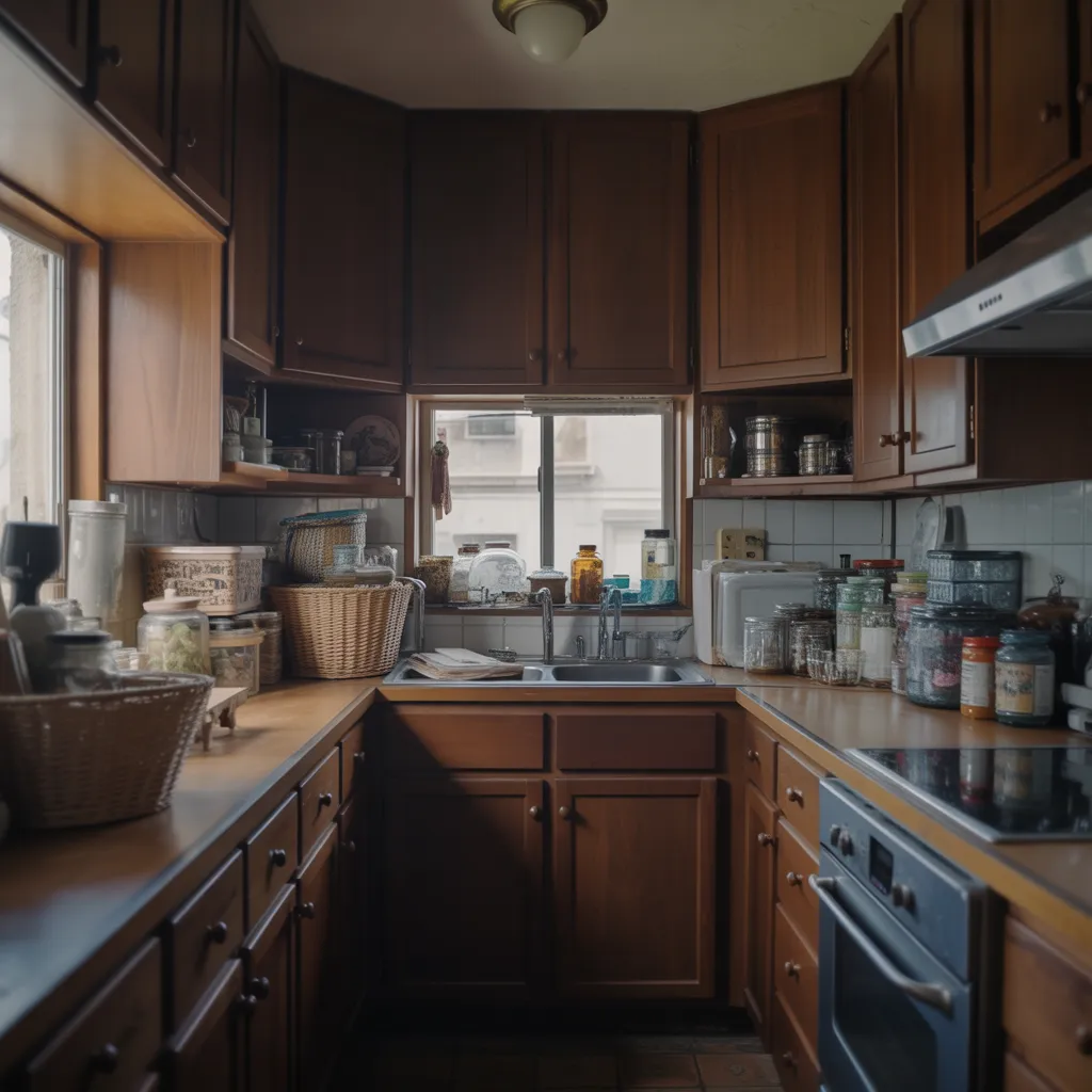 Kitchen floor covered with carpet showing visible stains and wear near sink and cooking area