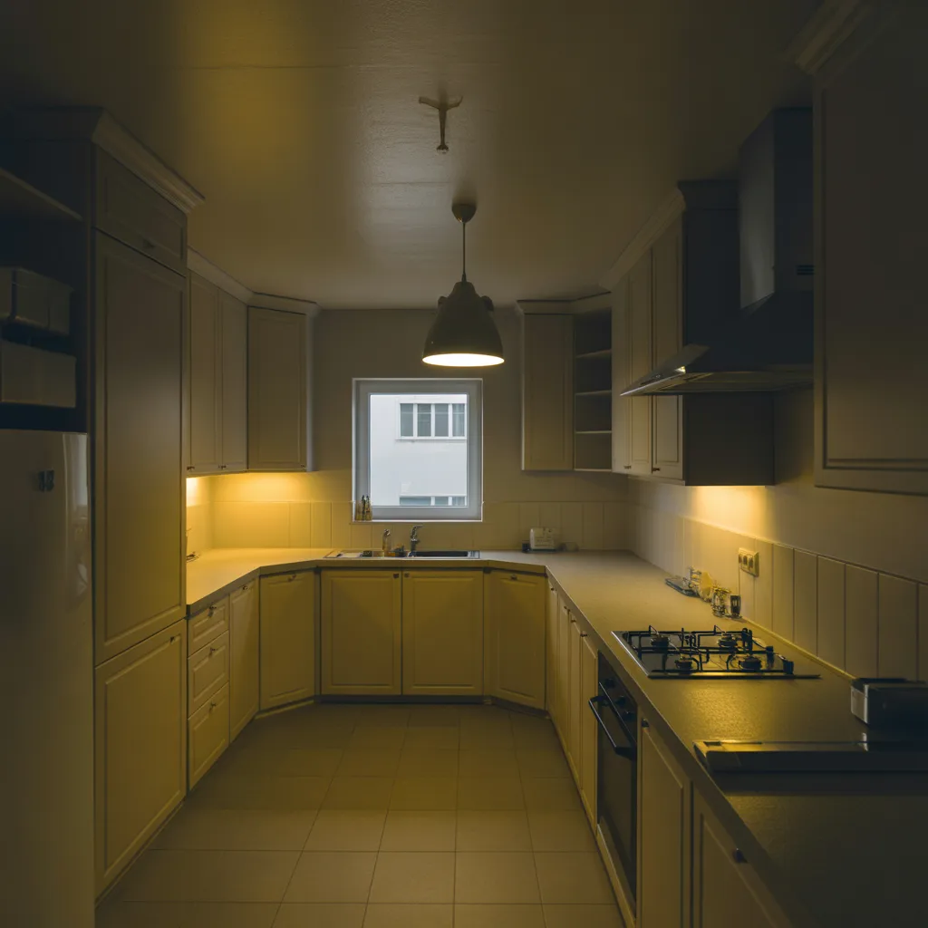 Wide interior showing closed kitchen separated by walls limiting natural light and openness
