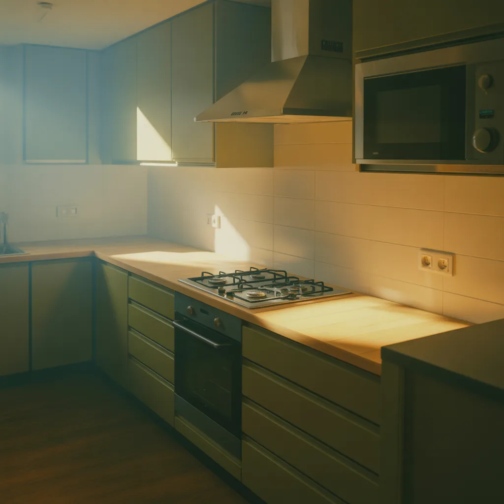 Kitchen with dark wood flooring showing dust and scratches under natural light