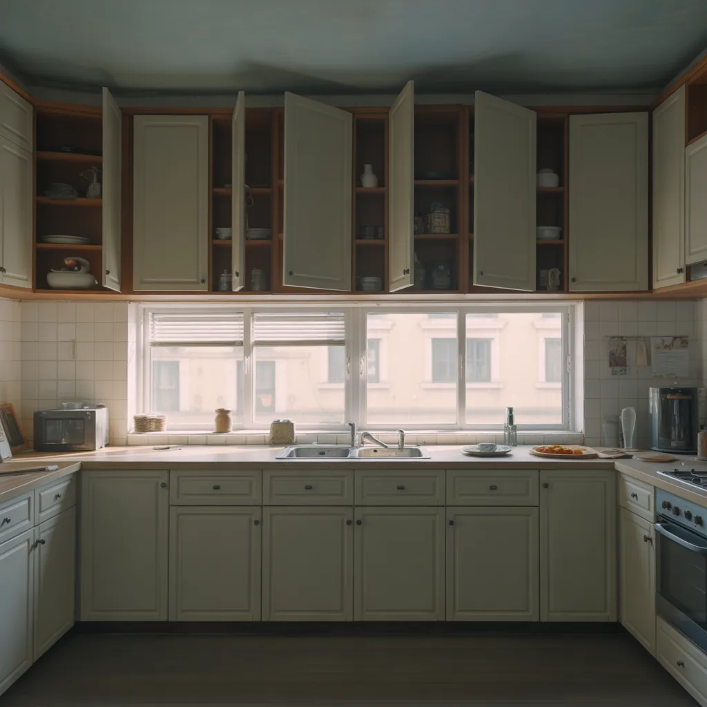 Kitchen with excessive open shelving showing cluttered dishes and jars creating disorganized appearance