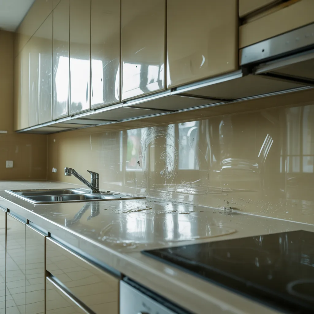 Kitchen cabinets with glass doors showing disorganized dishes and clutter