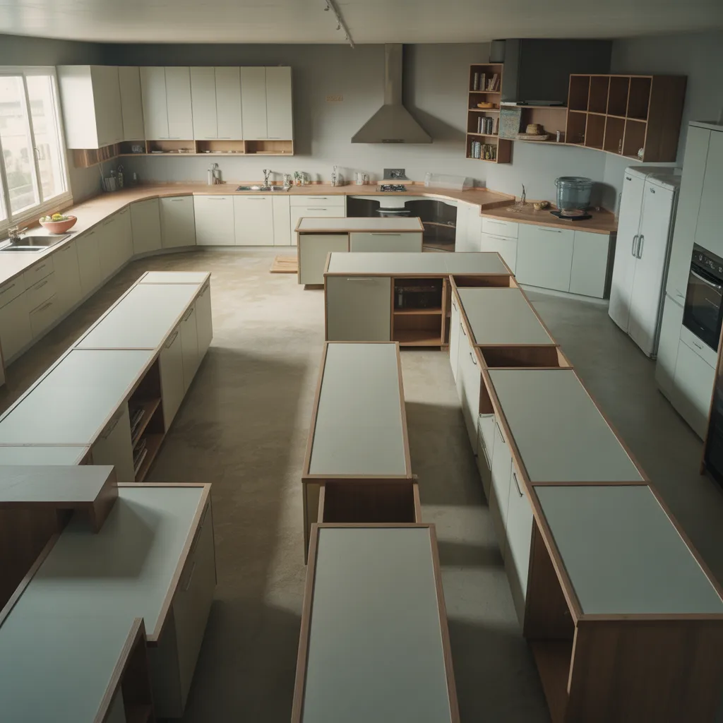 Close up of kitchen cabinets with oversized handles dominating fronts and affecting clean lines
