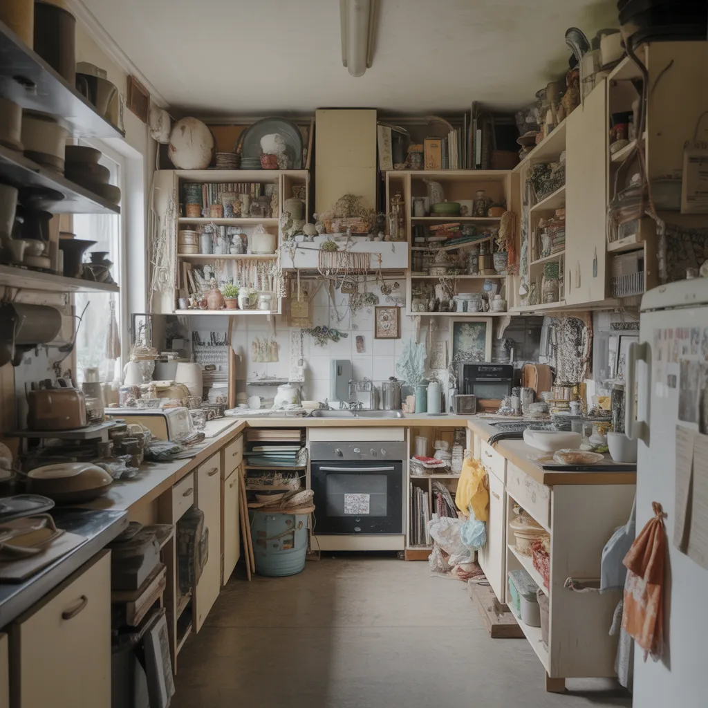 Kitchen interior with dim lighting creating shadows across countertops and work areas
