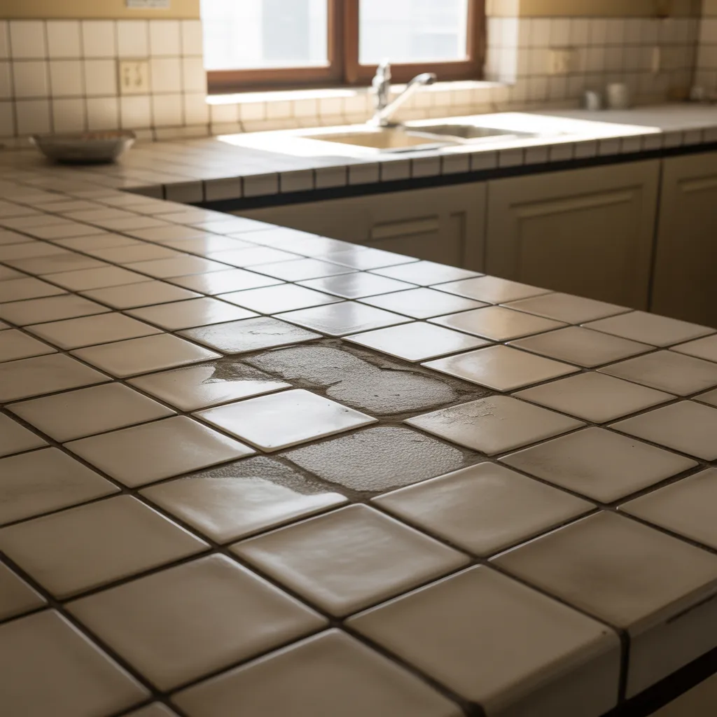 Kitchen interior where cabinets countertops backsplash and decor all match exactly creating flat visual appearance