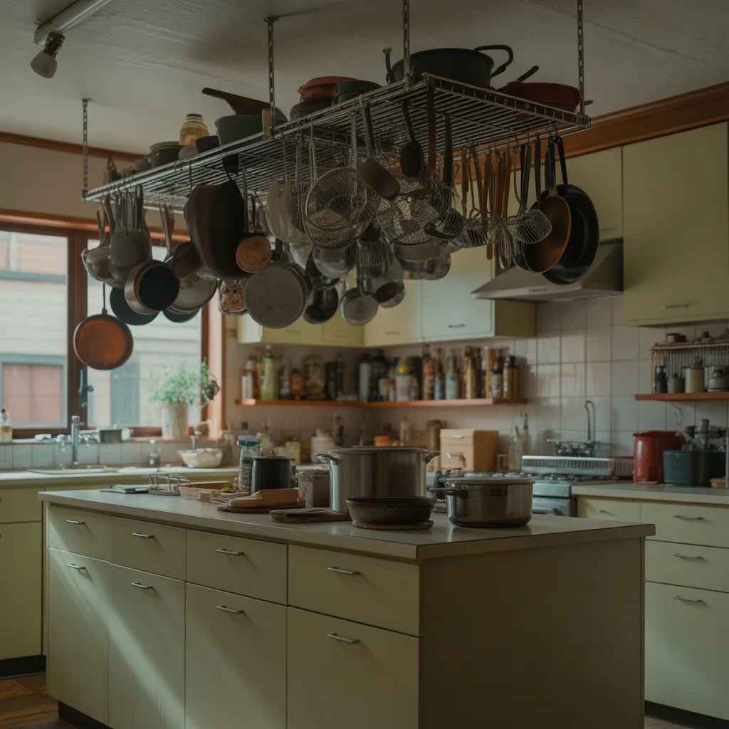 Medium kitchen scene with countertops filled with decorative jars plants and accessories showing clutter