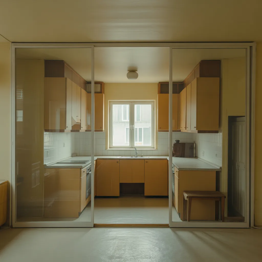 Wide kitchen interior with strong vintage theme and matching decor patterns showing restrictive design