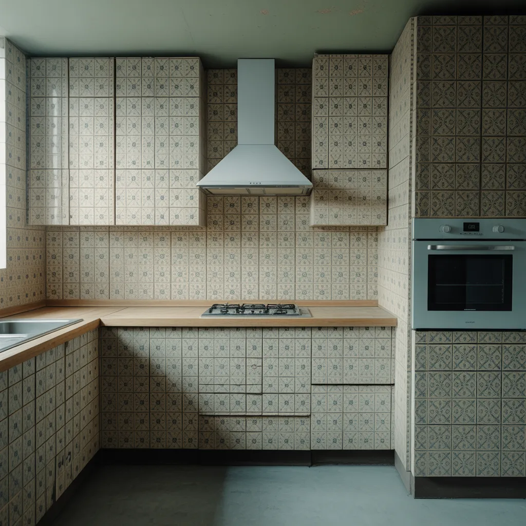 Kitchen scene showing excessive upper cabinets covering wall space creating crowded look