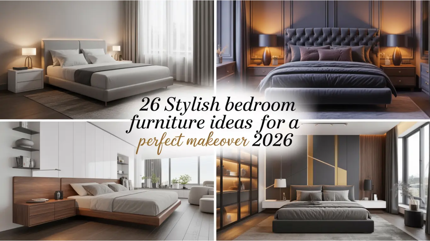 Create a premium ultra-HD 4-panel collage image based on “26 Stylish Bedroom Furniture Ideas for a Perfect Makeover 2026”, where each panel shows a different modern bedroom design: first a minimal bed frame bedroom with clean white aesthetic and soft natural lighting, second a luxury upholstered headboard bedroom with warm cozy ambient lighting and elegant decor, third a space-saving modern setup with floating nightstand and compact furniture in a bright airy room, and fourth a stylish bedroom with glass wardrobe panels and a bold statement interior design; all scenes should be ultra realistic, 8K, cinematic interior photography style with high detail and balanced composition. In the center, add a bold attractive title typography reading “26 Stylish Bedroom Furniture Ideas for a Perfect Makeover 2026” using a modern luxury font style combining elegant serif and bold sans-serif, with subtle gold and white glow effect, perfectly centered and visually premium like a Pinterest thumbnail; overall look should be highly professional, eye-catching, and suitable for blog featured image or social media cover
