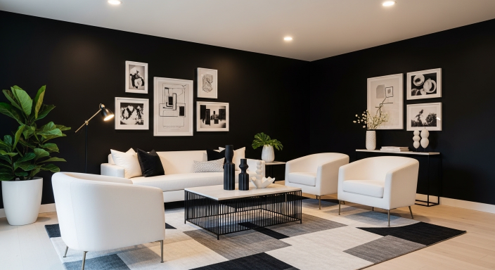 . Black Accent Wall with White Furniture
