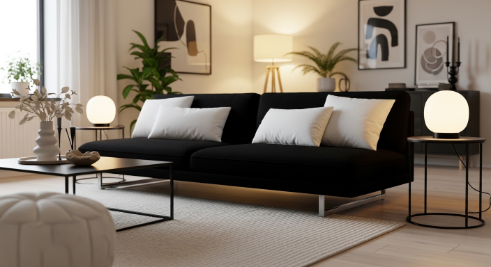 Black Sofa with White Accents