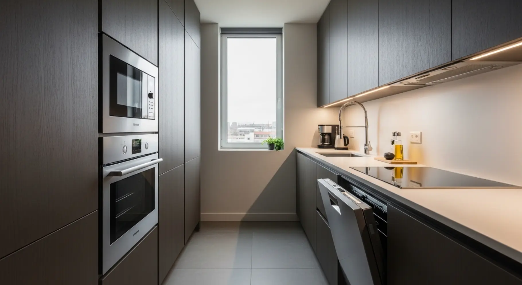 Compact Kitchen with Built-In Appliances