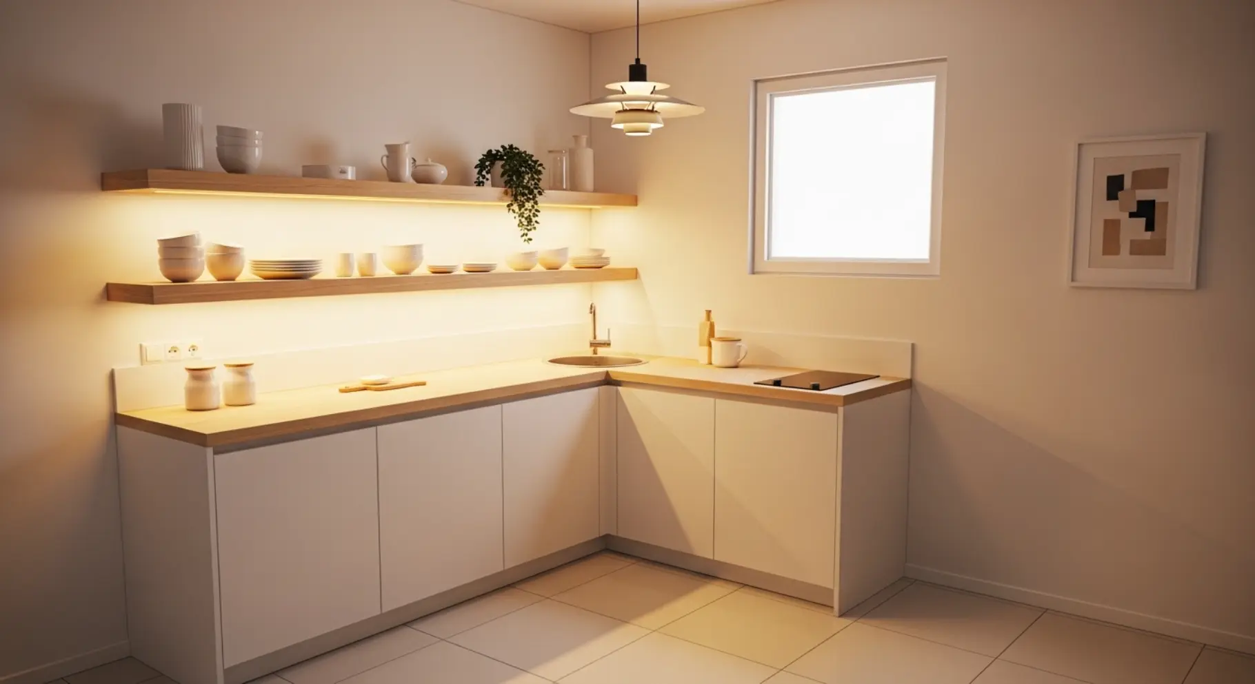 Corner Kitchen with Floating Shelves