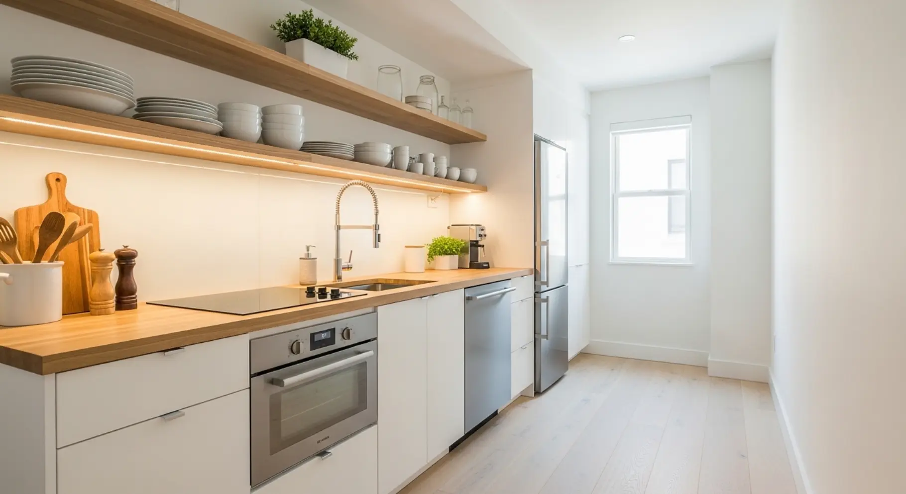 Gallery kitchen with open shelving