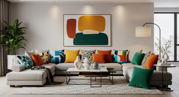 Neutral Sofa with Bold Cushions