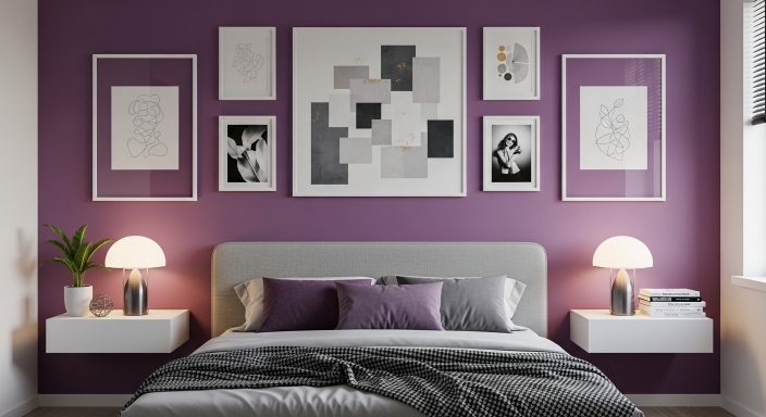 Purple Accent Wall with Artwork