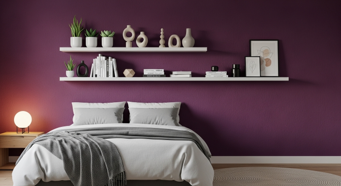 Purple Wall with Floating Shelves