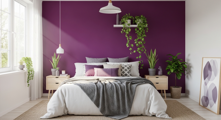 Purple Wall with Indoor Plants