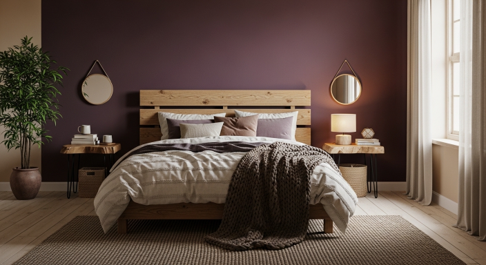 Purple Wall with Wooden Decor