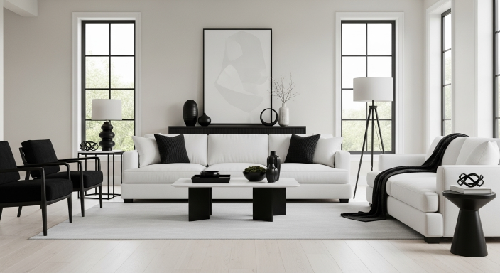 White Sofa with Black Decor Pieces