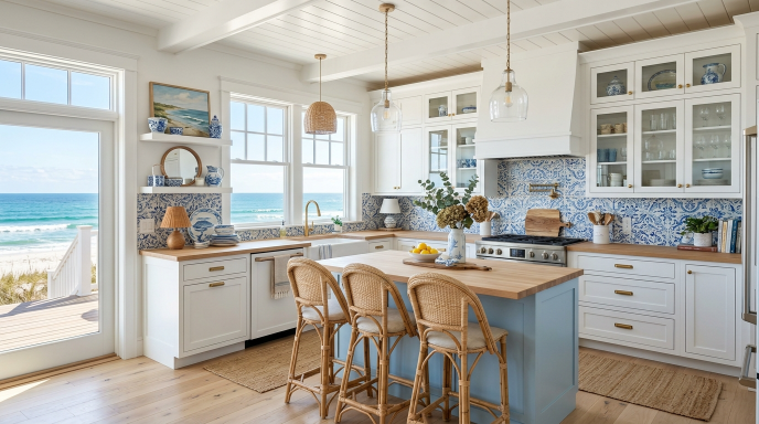 Blue and White Tile Backsplash