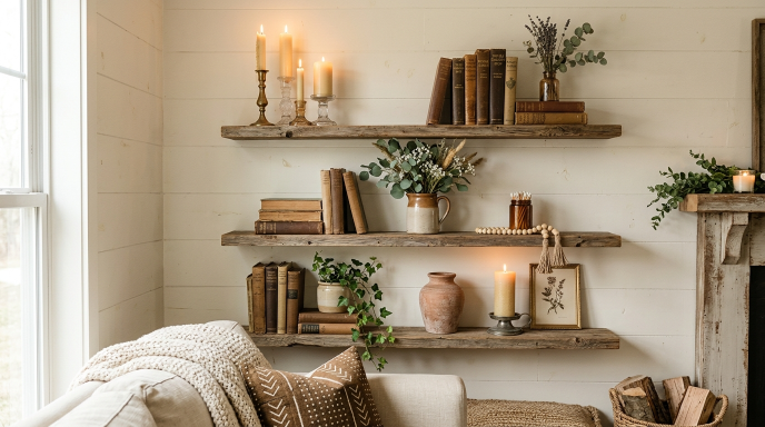 Rustic Floating Shelves With Vintage Decor