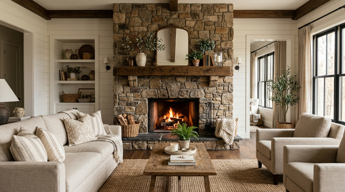 Rustic Stone Fireplace Makeover