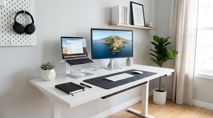 White Desk with Organized Cable Setup