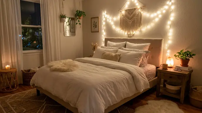 Delicate String Lights Above the Headboard