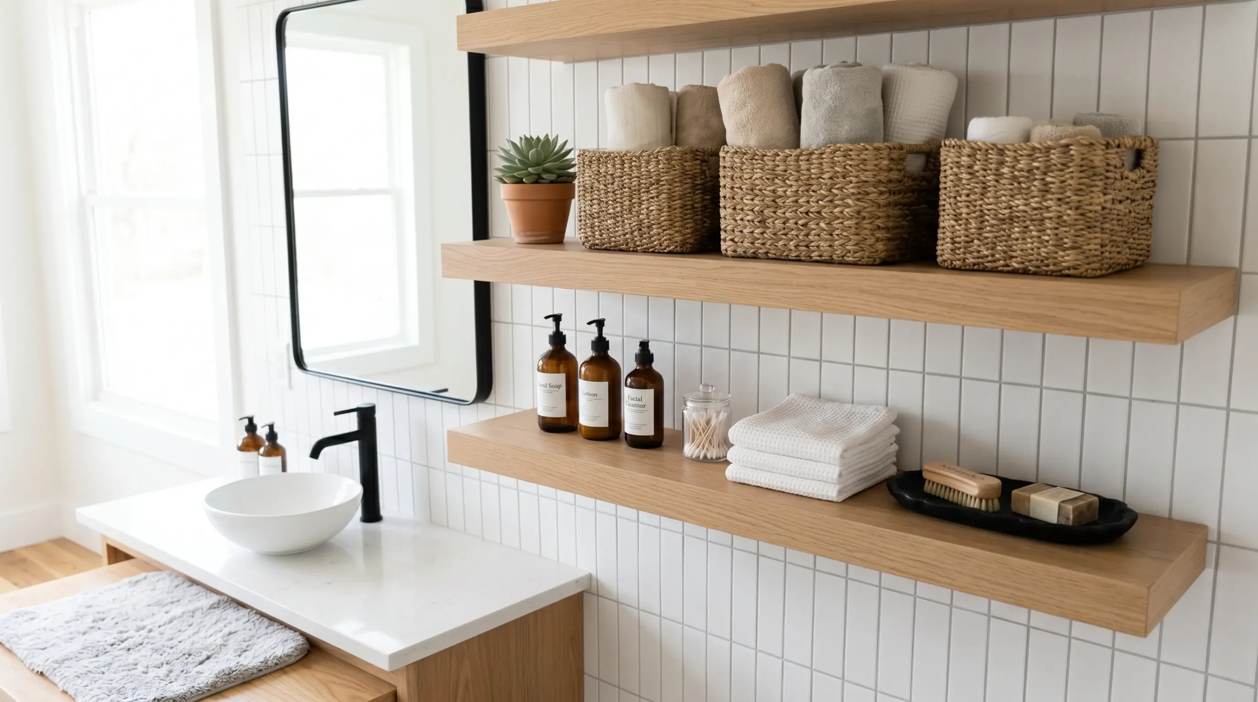 Floating Shelves with Woven Basket Storage