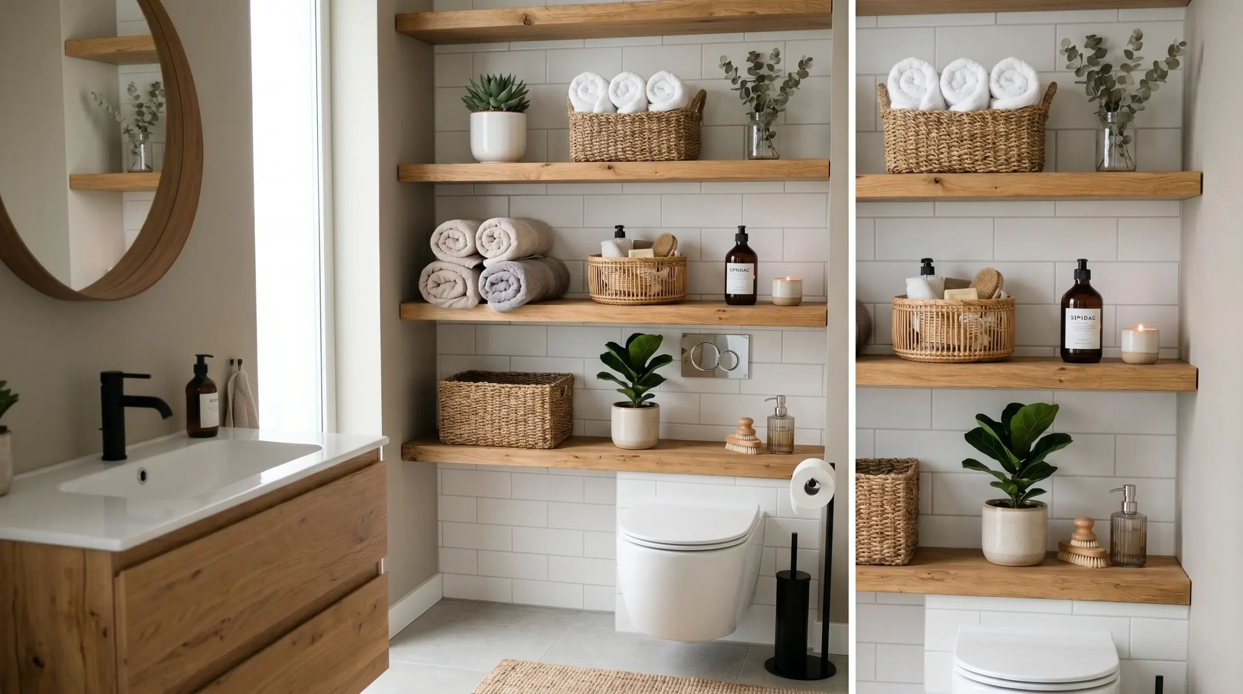 Floating Wooden Shelves Above the Toilet